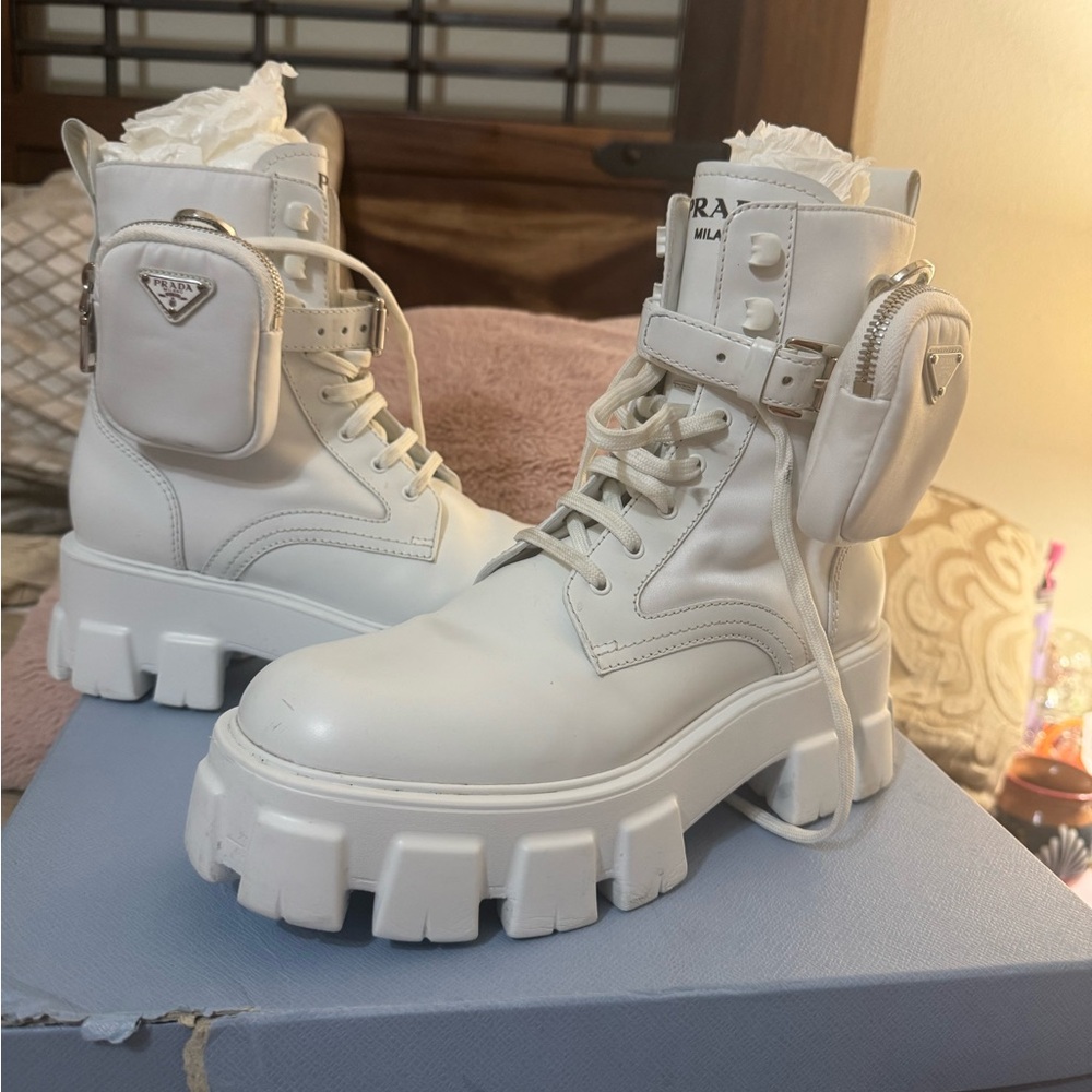 Prada White monolith Boots includes box and original stuffing paper.Kept in box - Picture 5 of 5